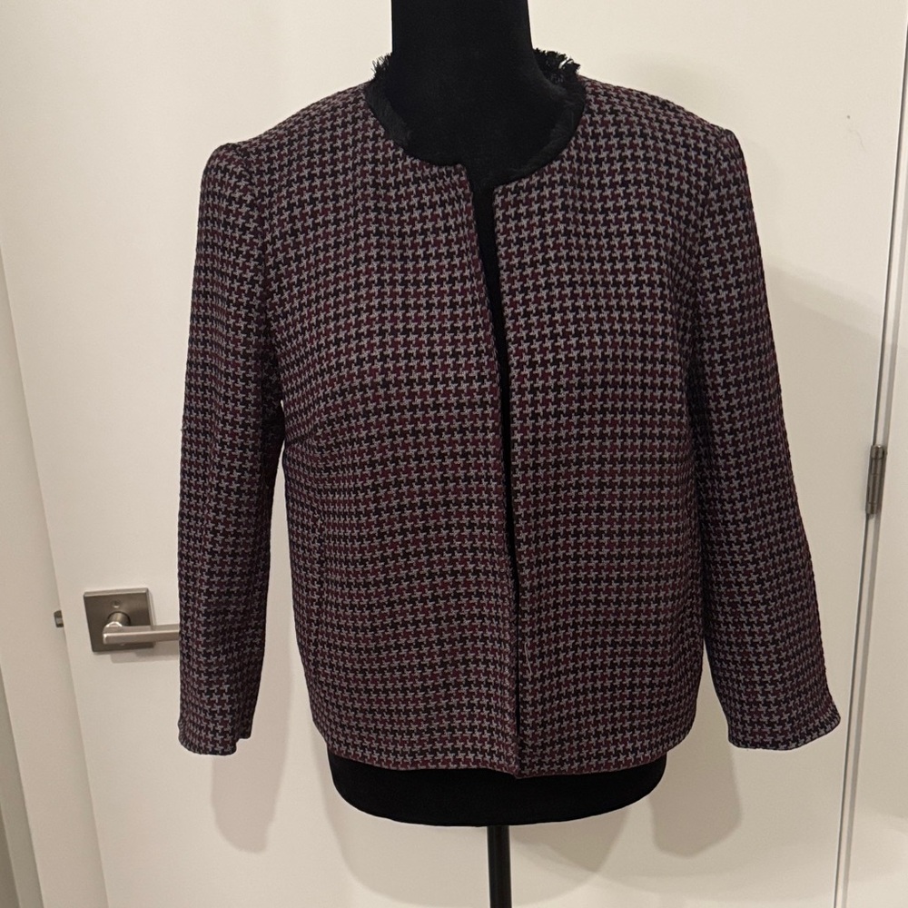 LOFT Black and Burgundy Houndstooth Blazer
